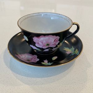 Fleurette Demitasse Tea Cup and Saucer Handpainted Bone China - Black